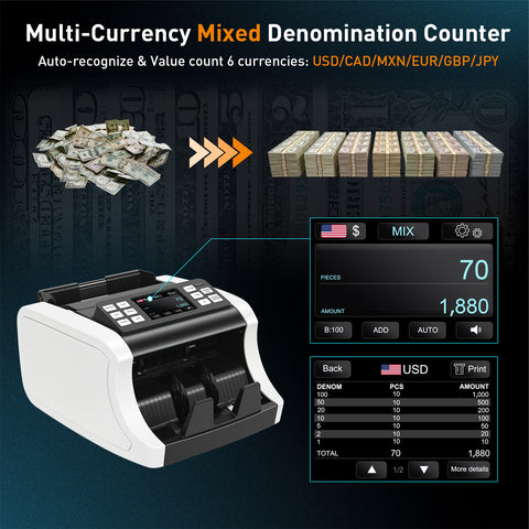 Multi-Currency Mixed Denomination Money Counter NUCOUN VC-1 | Commercial Grade Bill Value Counter with CIS UV MG IR Counterfeit Detection, Compact Heavy Duty Design for Small Business, Retail, Office